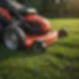 Close-up of a lawn mower with a side bag attachment showcasing collected grass clippings.