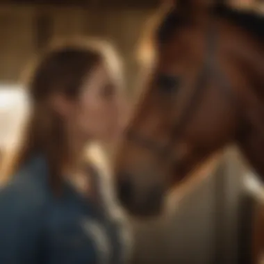 A horse owner observing their mare's behavior, emphasizing care and attention.