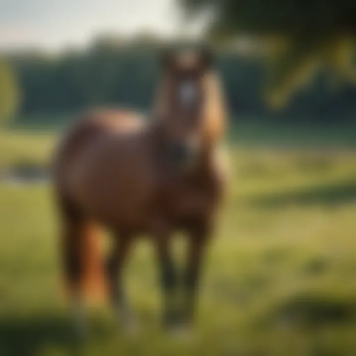 A serene mare standing in a lush pasture, representing emotional well-being.