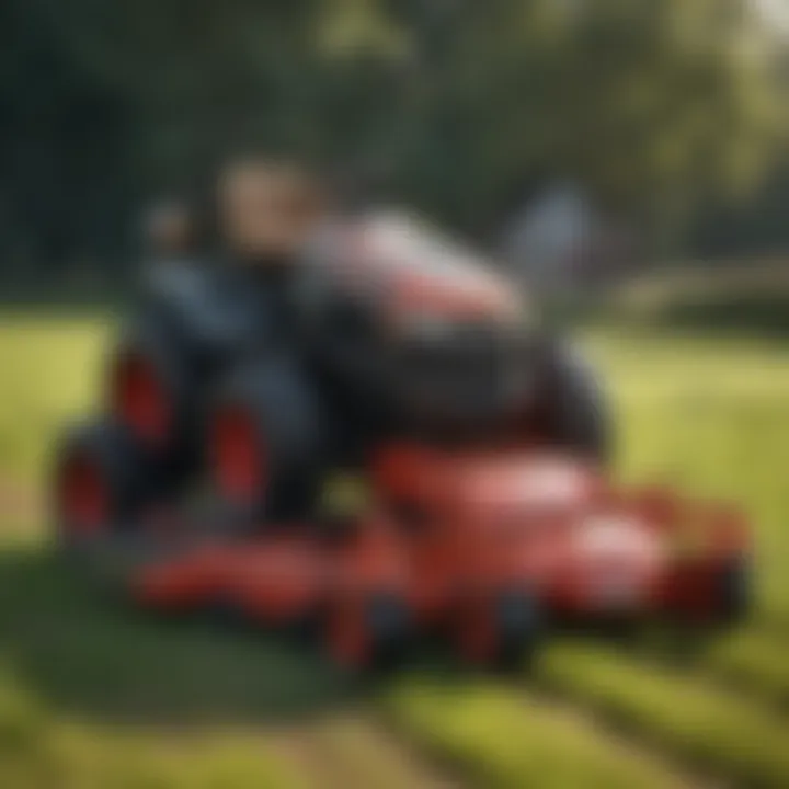 Showcasing the mower's cutting deck and blade design.