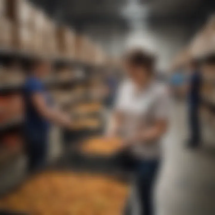 Volunteers sorting food items in a warehouse