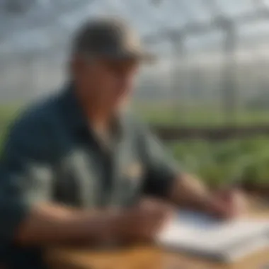 A farmer reviewing grant application materials