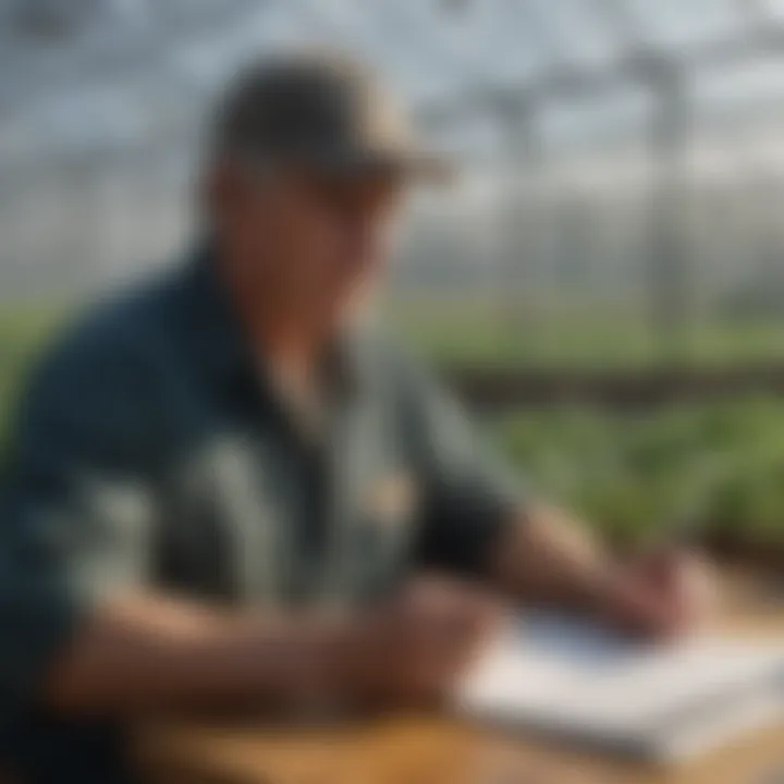 A farmer reviewing grant application materials