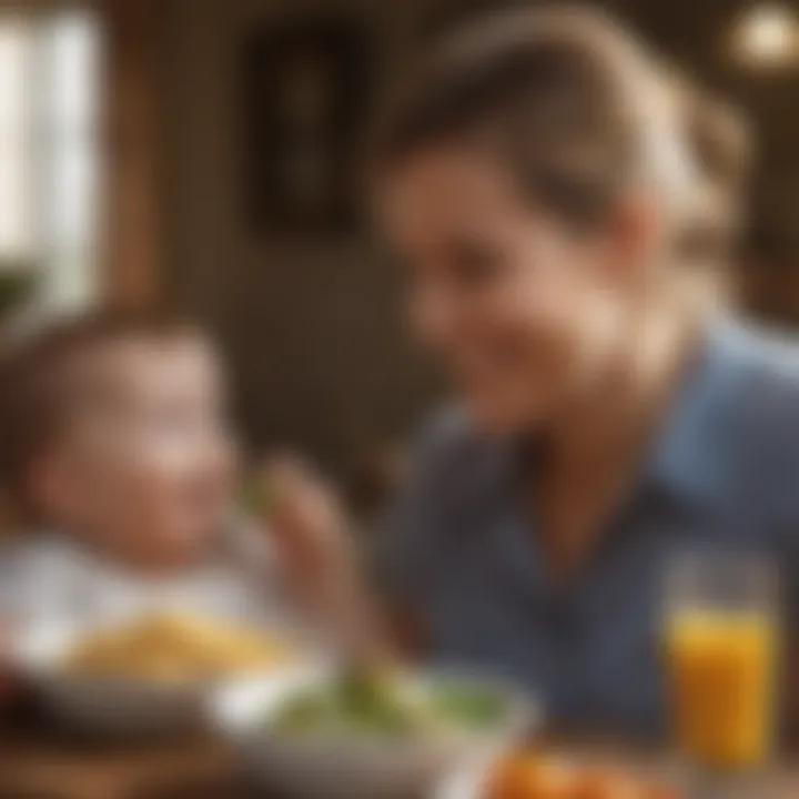 A smiling baby enjoying a meal with a parent