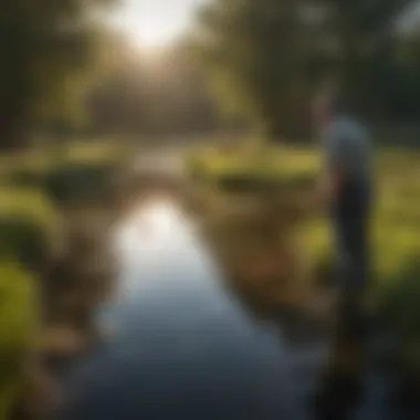 A professional engaged in assessing pond conditions, emphasizing the role of pond management.