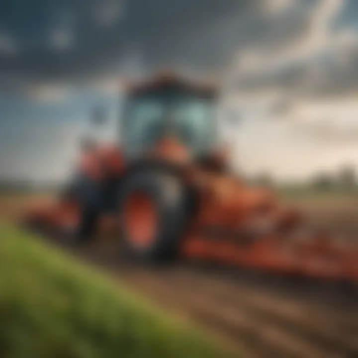A well-maintained pull behind scraper blade in action on a field, demonstrating its practical use in agriculture.