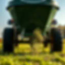 Close-up of a pull behind grass spreader in action