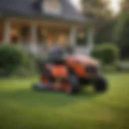 Riding lawn mower with high deck height on a lush lawn
