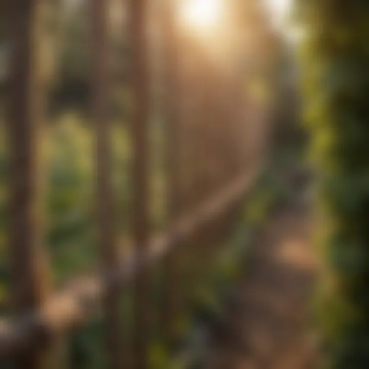 Rope fencing defining sections of a vegetable garden