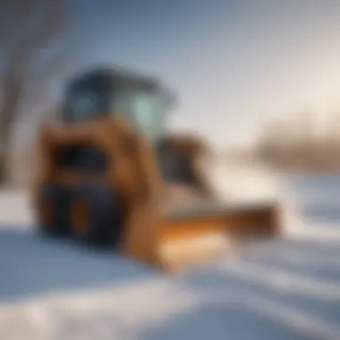 Skid steer with snow blowing attachment in action