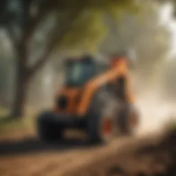 Skid loader equipped with a tree grinder in action