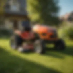 Compact lawn mower in action on a lush lawn