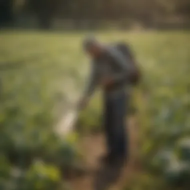 A farmer applying bug spray in a squash field