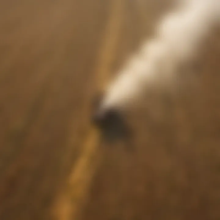 An aerial view of a field being sprayed with sulphur during the cultivation process.