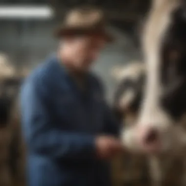 Dairy Farmer Assessing Cow for Mastitis Dairy farmer observing cow for mastitis symptoms