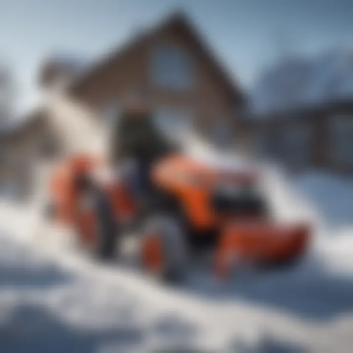 Operator using a garden tractor with snow blower during a snowstorm