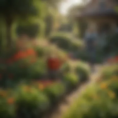 A gardener using an English watering can in a vibrant garden, emphasizing its functionality.