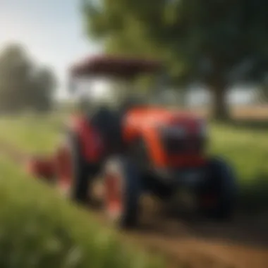 Compact tractor in a lush field