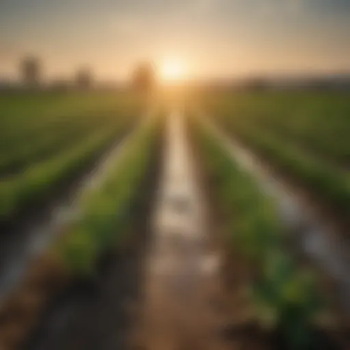 A lush field with crops thriving due to irrigation.