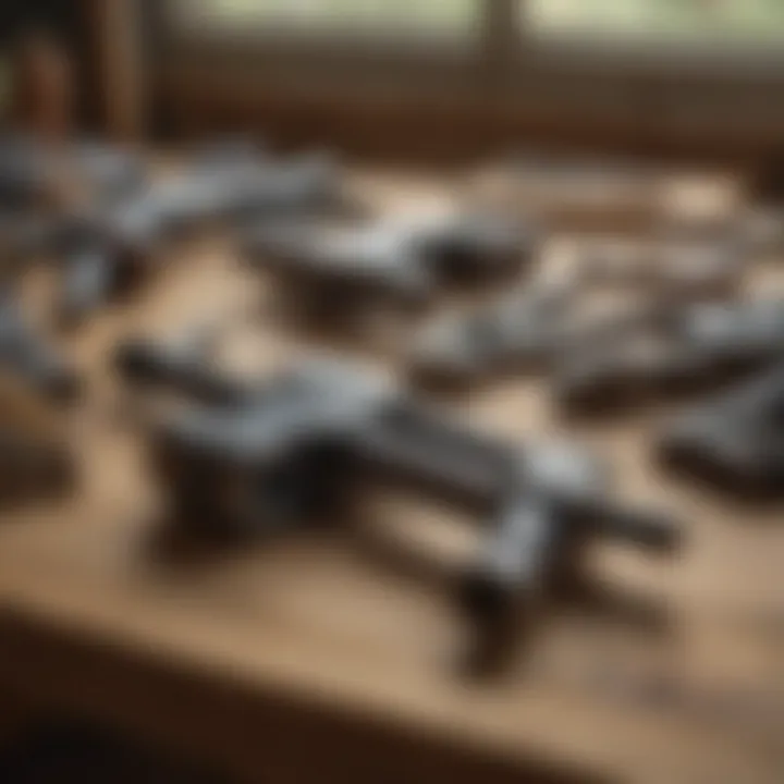 Variety of adjustable vice grips displayed on a wooden workbench in a farm workshop