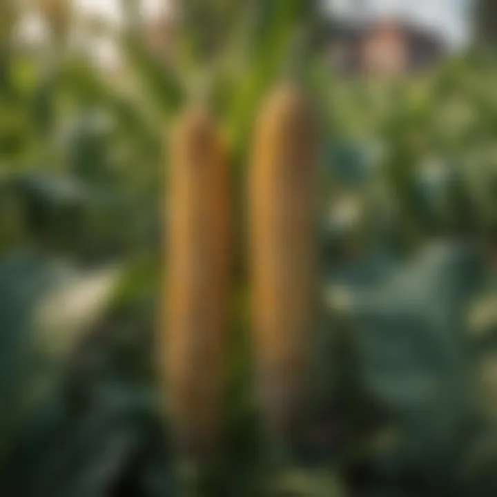 Close-up view of healthy corn, beans, and squash growing together in a vibrant garden setting.