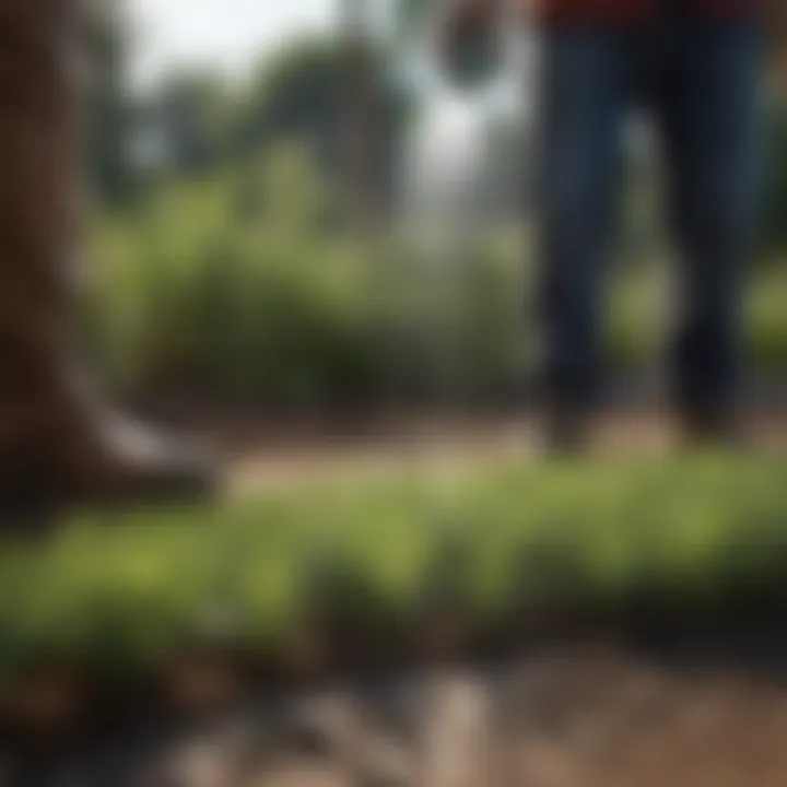 A gardener watering newly planted grass seeds