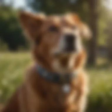 A dog wearing a flea and tick collar outdoors