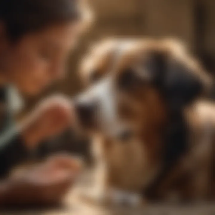 An owner administering oral flea medication to a dog