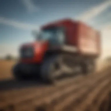 An agricultural machine featuring a tracked undercarriage system in action on a farm field.