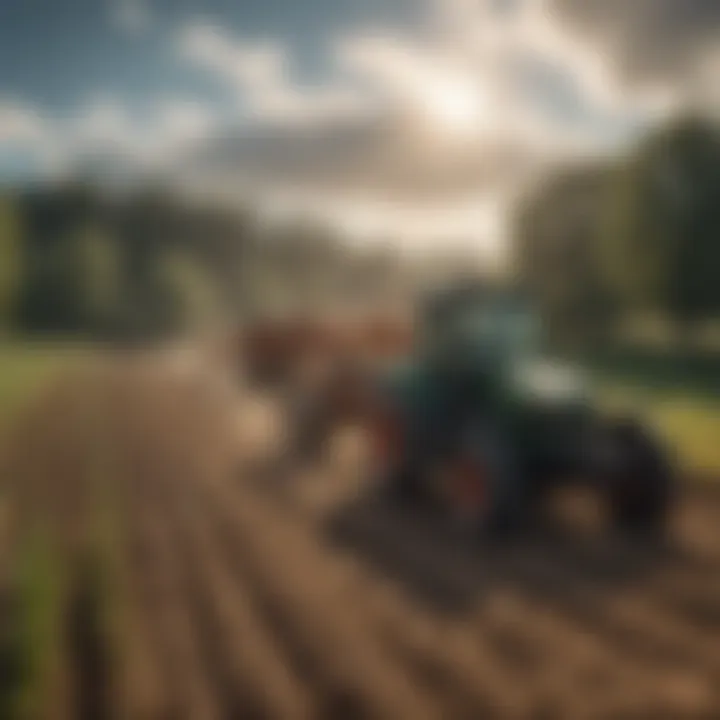 A tractor equipped with a front loader navigating a farm landscape