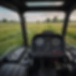 Close-up view of a closed cab lawn mower showcasing its advanced dashboard and controls.