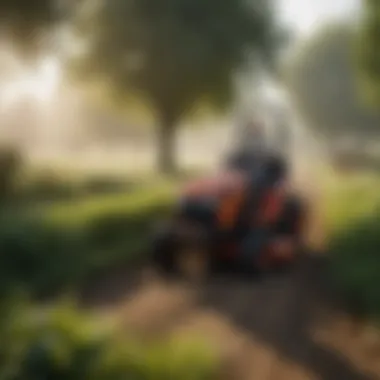 Closed Cab Lawn Mower in Action A closed cab lawn mower navigating through a well-maintained agricultural field.