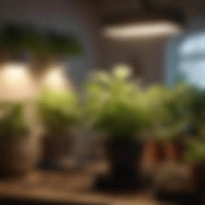 Close-up of a cordless grow light in a modern indoor garden