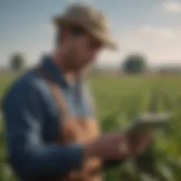 A farmer analyzing data on a tablet in a field