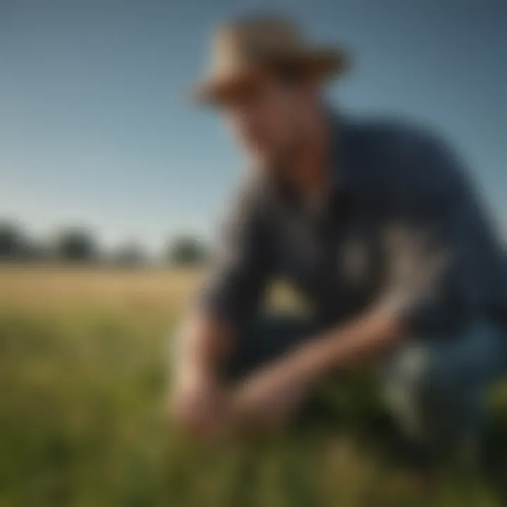 A farmer evaluating land management strategies with grass killers