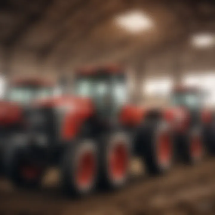 An auction scene showcasing various farm equipment being sold to the highest bidder.