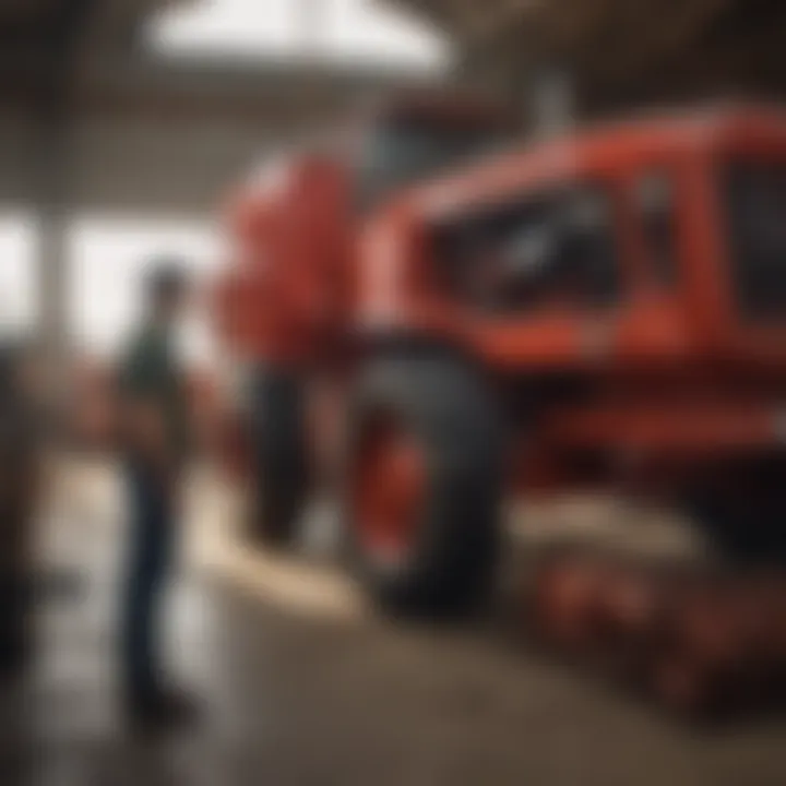 A group of buyers inspecting farm machinery at a liquidation event.