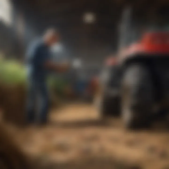 A farmer assessing equipment value before making a sale decision.