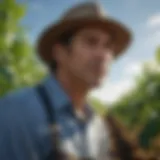 A farmer examining crops under a clear blue sky