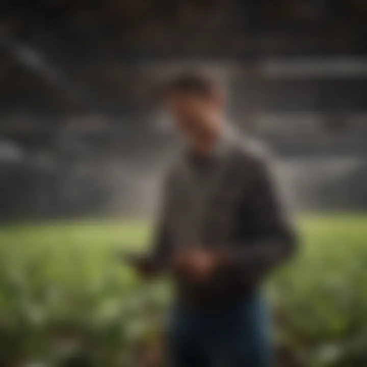 A farmer analyzing crop growth with LED lighting in the background