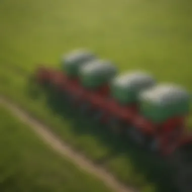 Different types of grass seed carts lined up in a field for comparison.