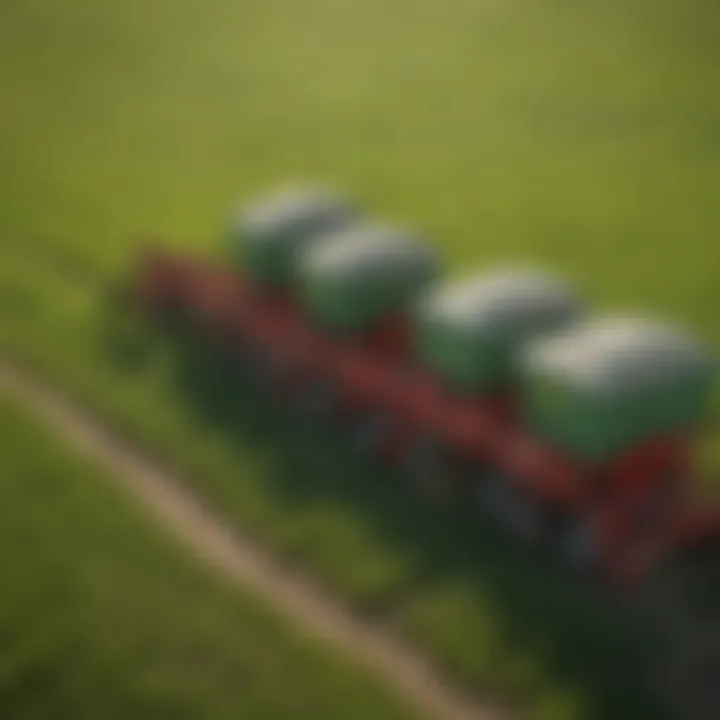 Different types of grass seed carts lined up in a field for comparison.