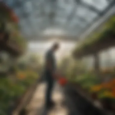 A gardener maintaining plant stands in a well-organized greenhouse.