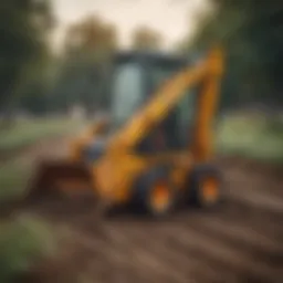 A compact mini trackhoe operating in a field