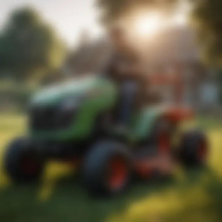 A technician performing maintenance on a mowing machine