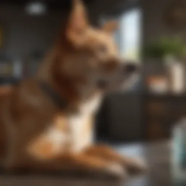 A dog looking thoughtfully with a backdrop of a veterinary clinic.