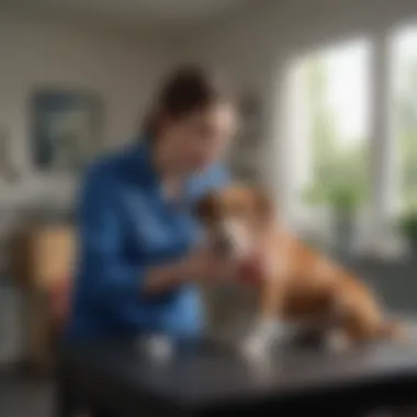 A veterinarian discussing treatment with a dog owner in an office.