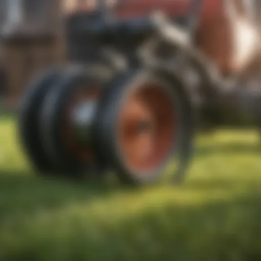 Close-up view of a reel grinder in action sharpening a lawn mower blade