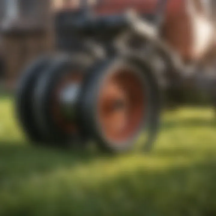 Close-up view of a reel grinder in action sharpening a lawn mower blade