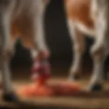 Close-up of a castrating band applied to a bull, demonstrating the technique.